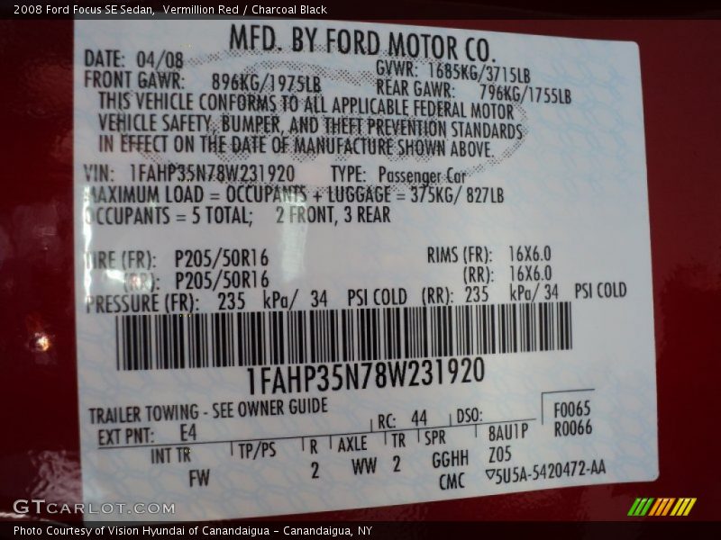 Vermillion Red / Charcoal Black 2008 Ford Focus SE Sedan