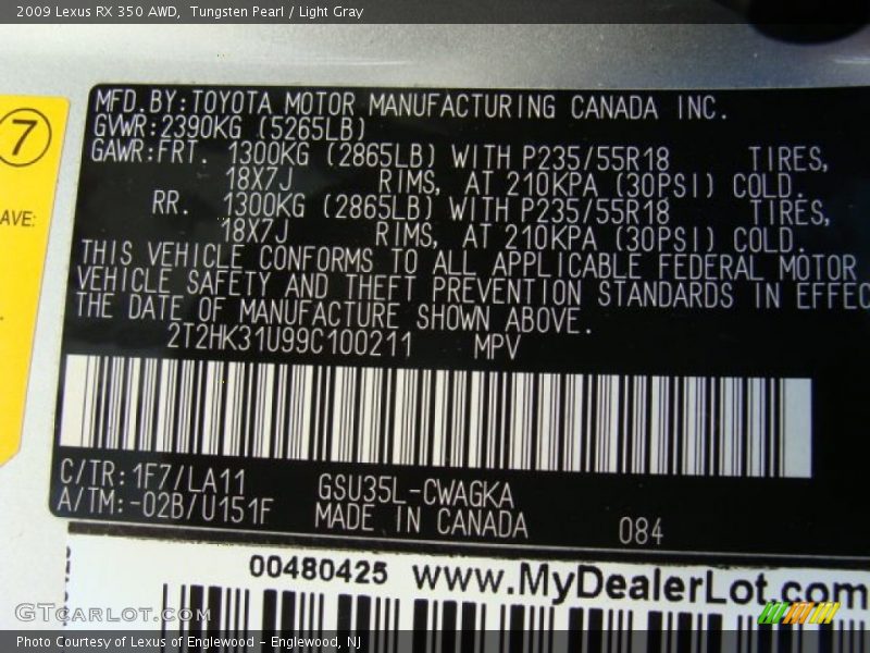 Tungsten Pearl / Light Gray 2009 Lexus RX 350 AWD