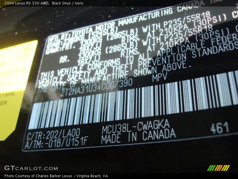 Black Onyx / Ivory 2004 Lexus RX 330 AWD