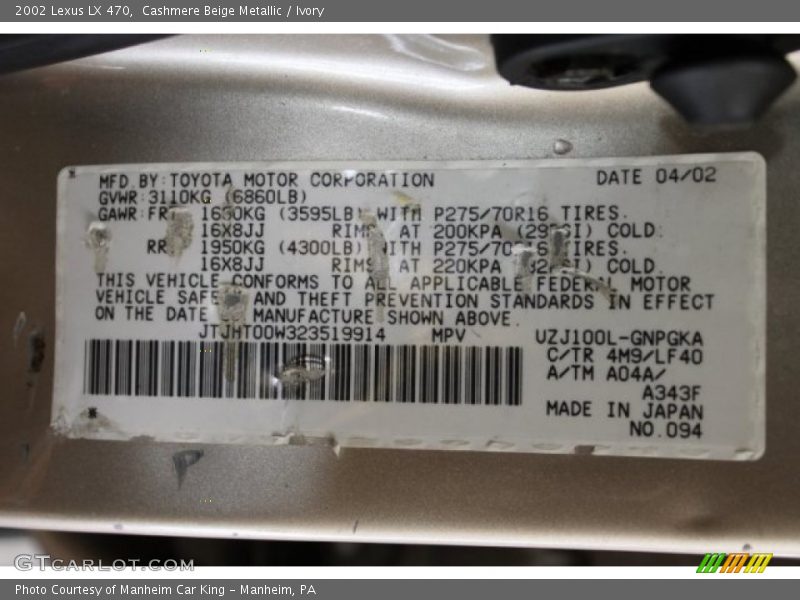 Cashmere Beige Metallic / Ivory 2002 Lexus LX 470