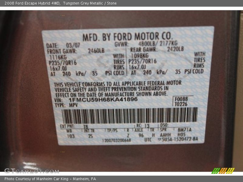 Tungsten Grey Metallic / Stone 2008 Ford Escape Hybrid 4WD