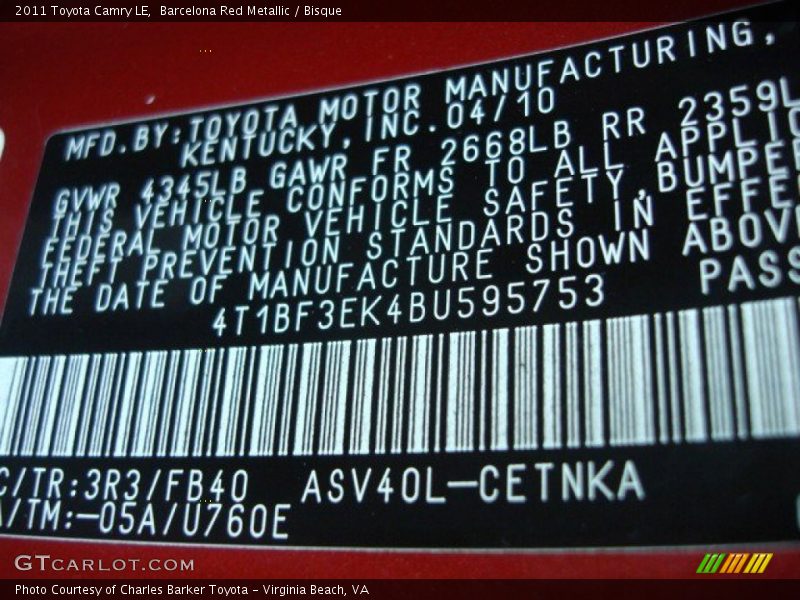 Barcelona Red Metallic / Bisque 2011 Toyota Camry LE