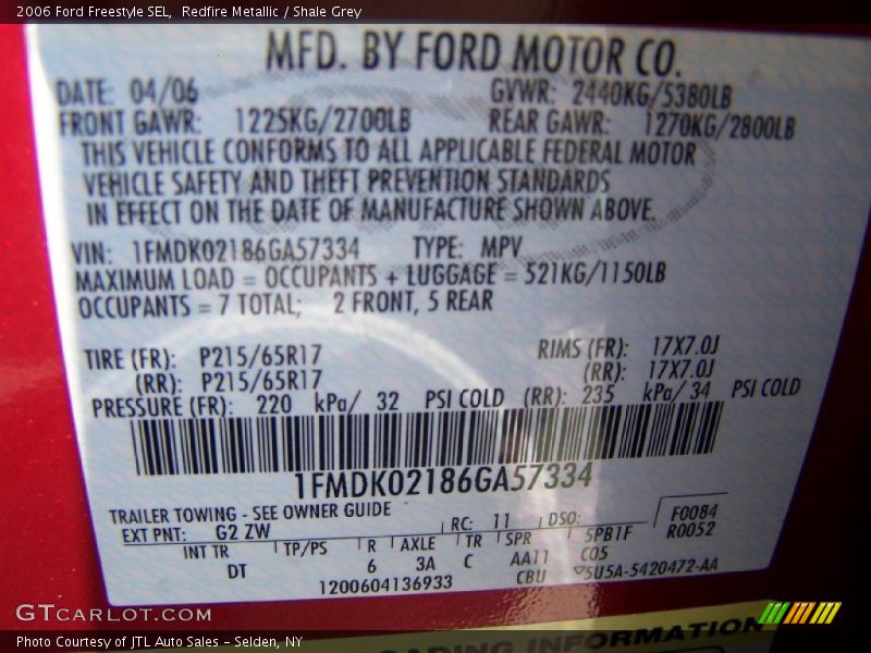 2006 Freestyle SEL Redfire Metallic Color Code G2