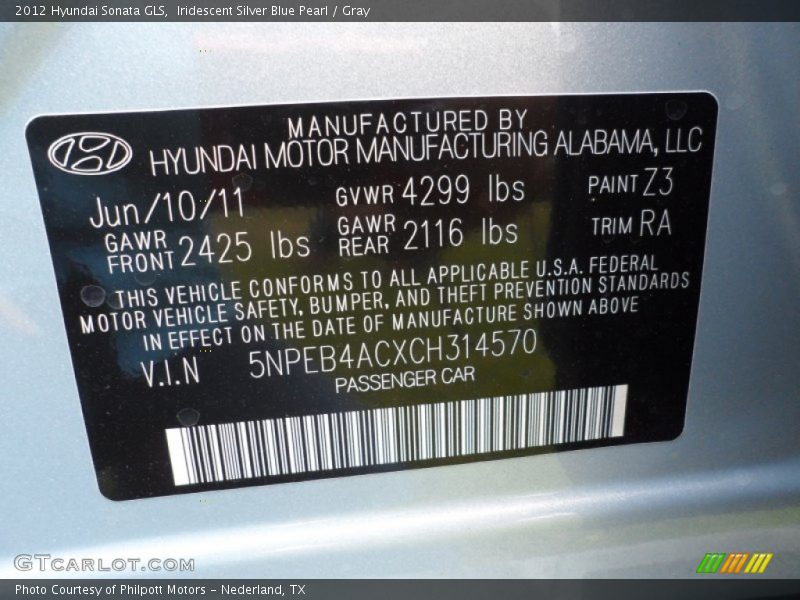2012 Sonata GLS Iridescent Silver Blue Pearl Color Code Z3