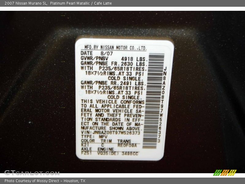 Platinum Pearl Matallic / Cafe Latte 2007 Nissan Murano SL