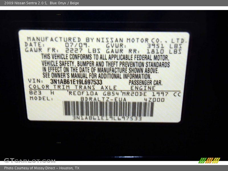 Blue Onyx / Beige 2009 Nissan Sentra 2.0 S