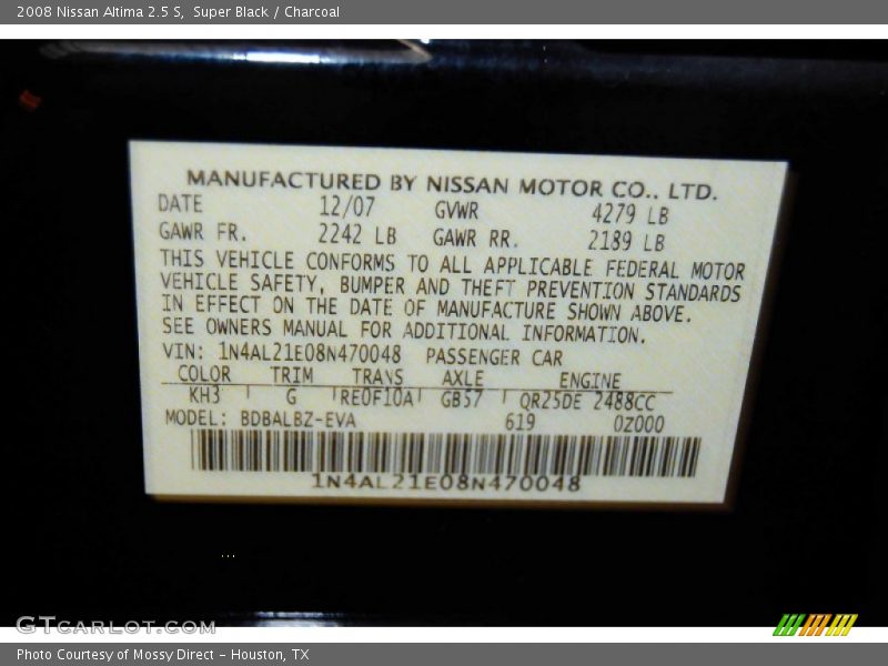 Super Black / Charcoal 2008 Nissan Altima 2.5 S