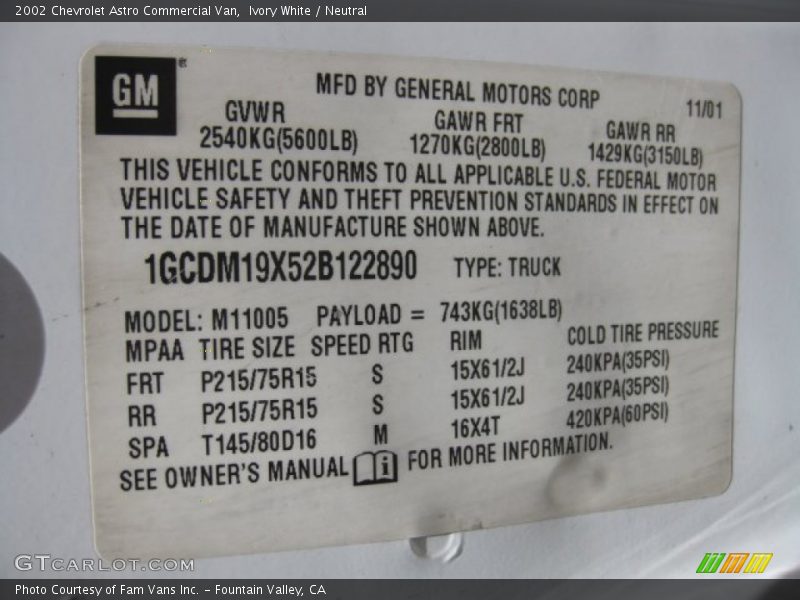 Ivory White / Neutral 2002 Chevrolet Astro Commercial Van