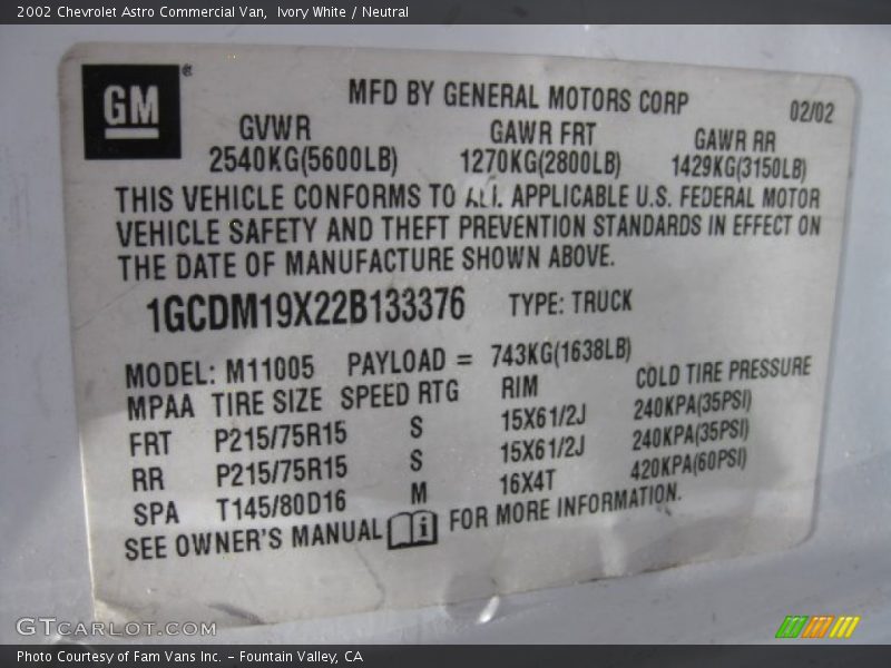 Ivory White / Neutral 2002 Chevrolet Astro Commercial Van