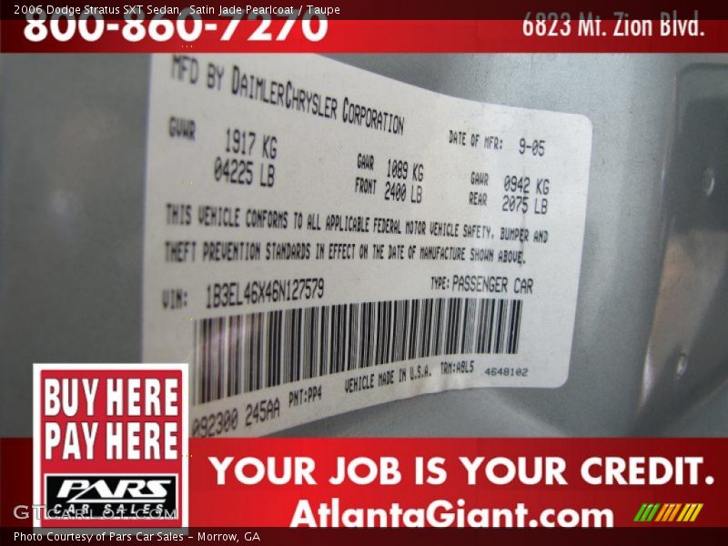 Satin Jade Pearlcoat / Taupe 2006 Dodge Stratus SXT Sedan