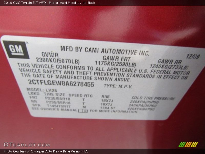 Info Tag of 2010 Terrain SLT AWD