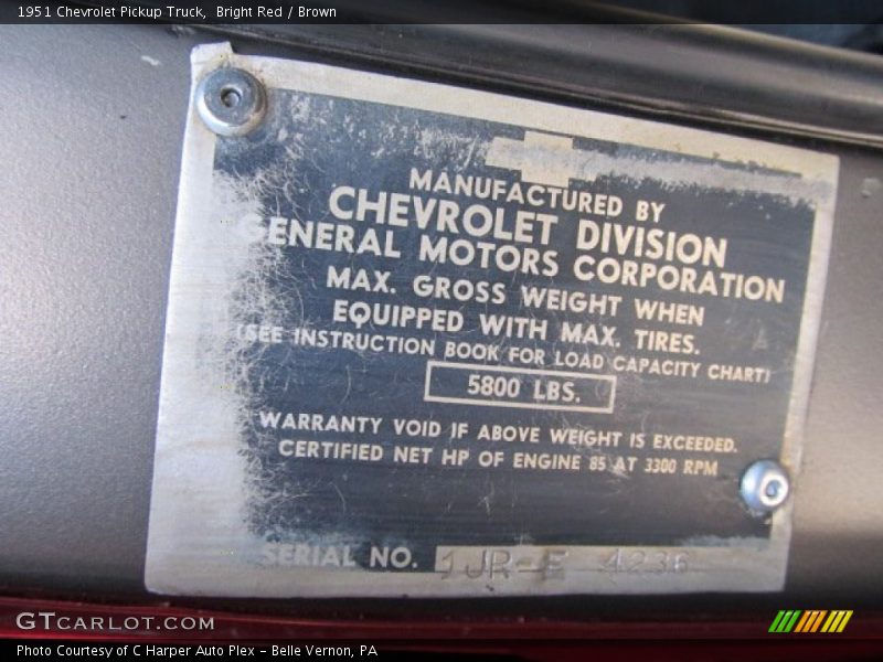 Info Tag of 1951 Pickup Truck