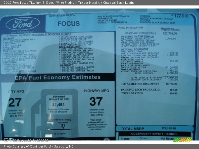  2012 Focus Titanium 5-Door Window Sticker
