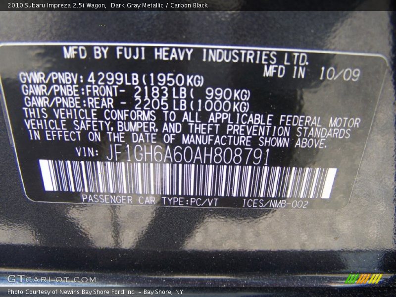 Dark Gray Metallic / Carbon Black 2010 Subaru Impreza 2.5i Wagon