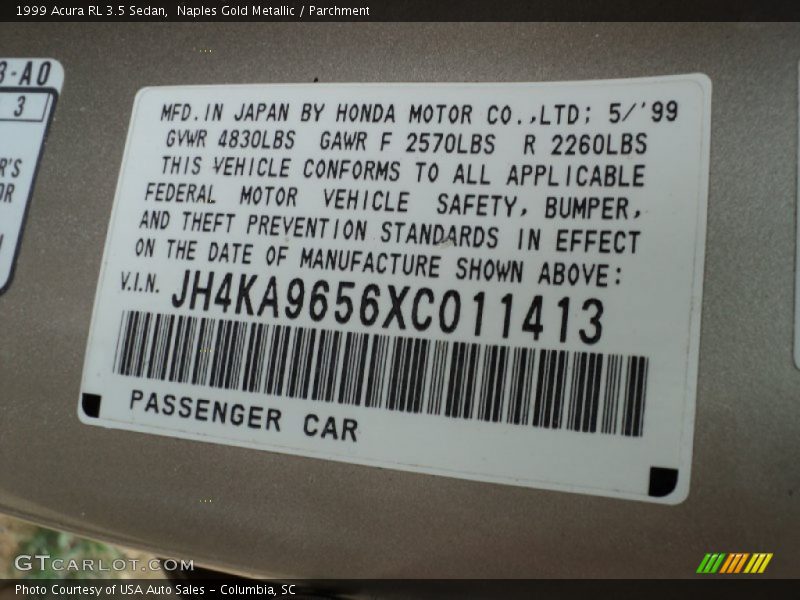 Info Tag of 1999 RL 3.5 Sedan