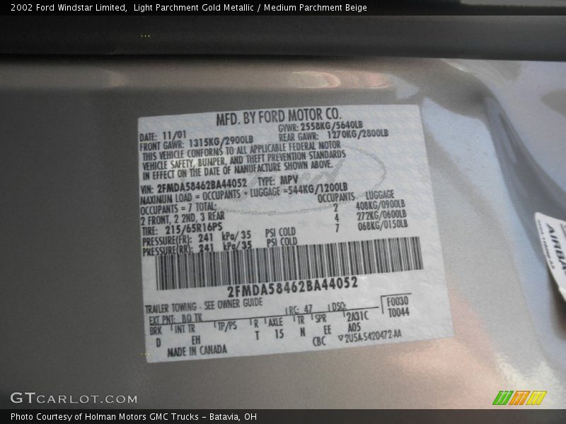 2002 Windstar Limited Light Parchment Gold Metallic Color Code BQ