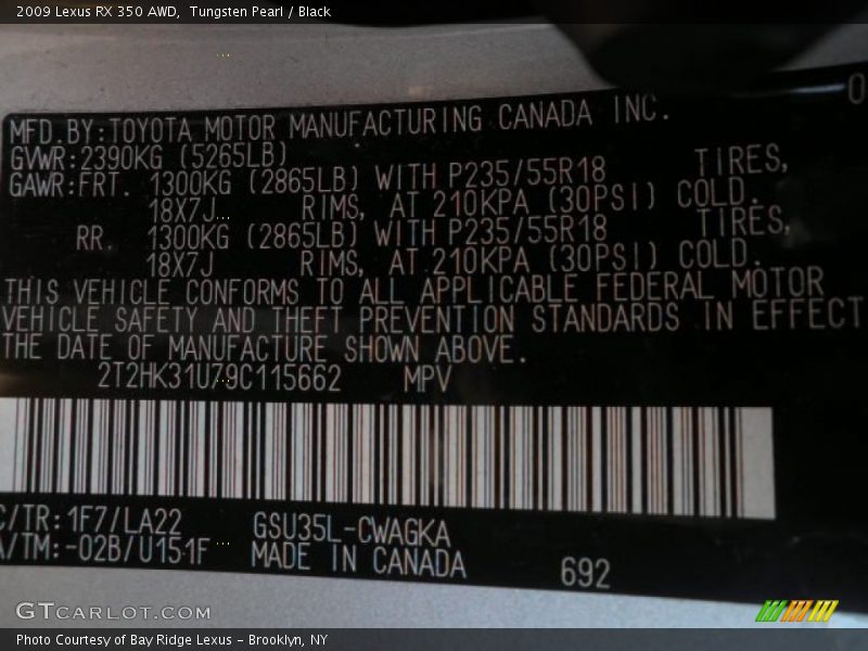Tungsten Pearl / Black 2009 Lexus RX 350 AWD