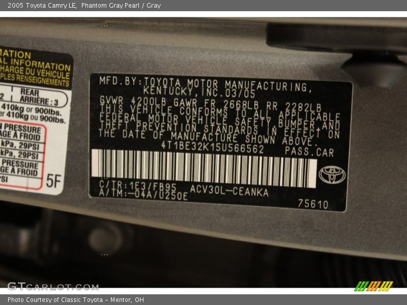 Phantom Gray Pearl / Gray 2005 Toyota Camry LE
