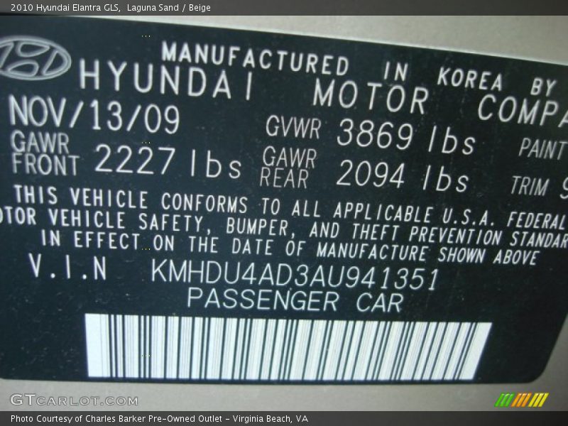 Laguna Sand / Beige 2010 Hyundai Elantra GLS