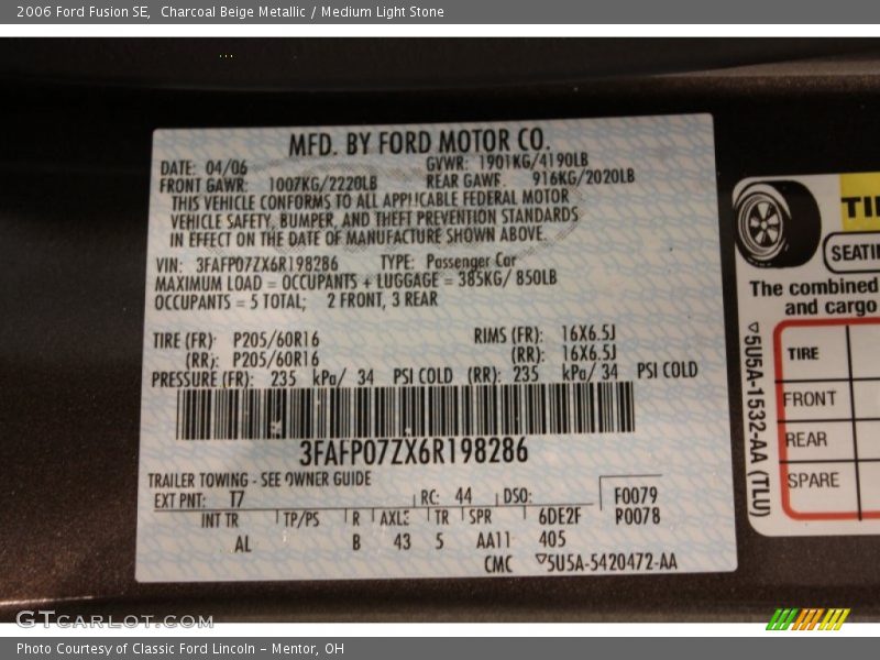 Charcoal Beige Metallic / Medium Light Stone 2006 Ford Fusion SE