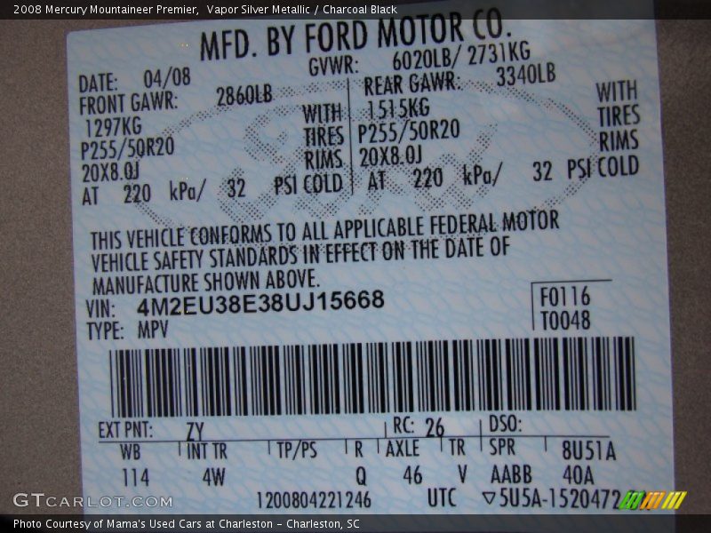 2008 Mountaineer Premier Vapor Silver Metallic Color Code ZY