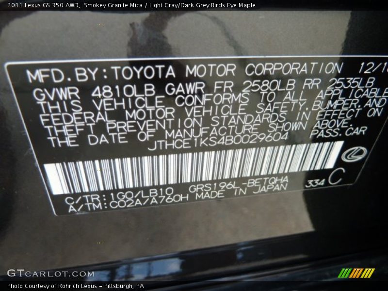 2011 GS 350 AWD Smokey Granite Mica Color Code 1G0