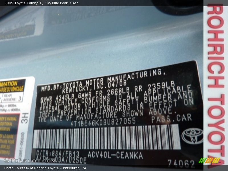 Sky Blue Pearl / Ash 2009 Toyota Camry LE