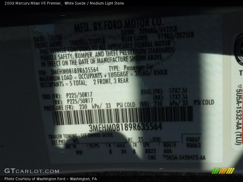 White Suede / Medium Light Stone 2009 Mercury Milan V6 Premier