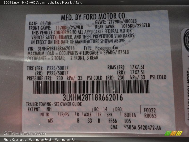 Light Sage Metallic / Sand 2008 Lincoln MKZ AWD Sedan