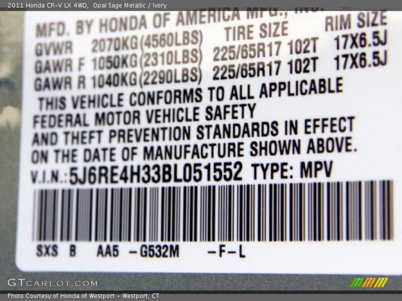 2011 CR-V LX 4WD Opal Sage Metallic Color Code G532M