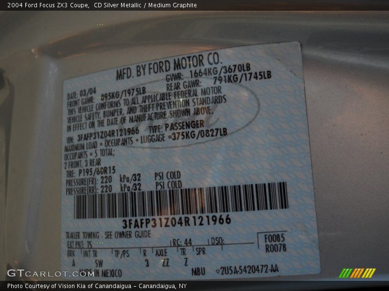 2004 Focus ZX3 Coupe CD Silver Metallic Color Code TS