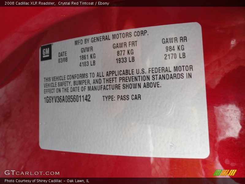 Info Tag of 2008 XLR Roadster