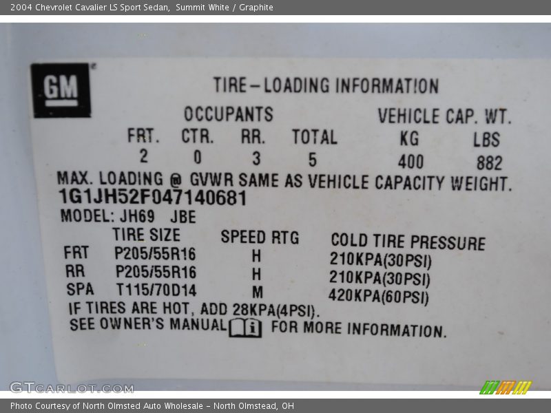 Info Tag of 2004 Cavalier LS Sport Sedan