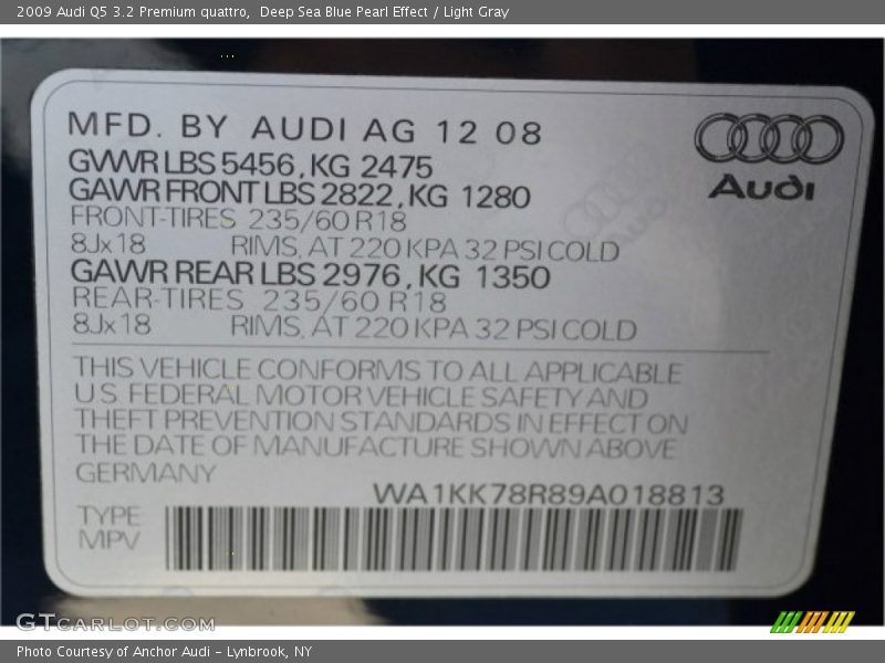 Deep Sea Blue Pearl Effect / Light Gray 2009 Audi Q5 3.2 Premium quattro