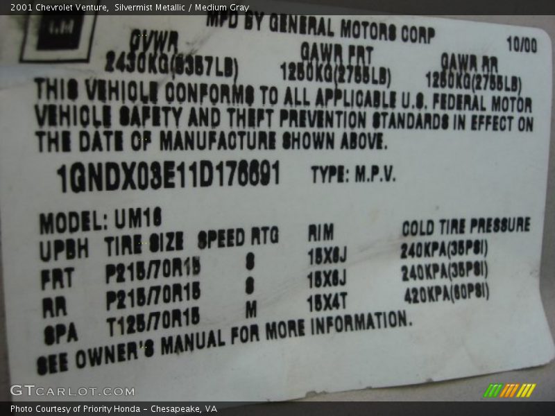Silvermist Metallic / Medium Gray 2001 Chevrolet Venture