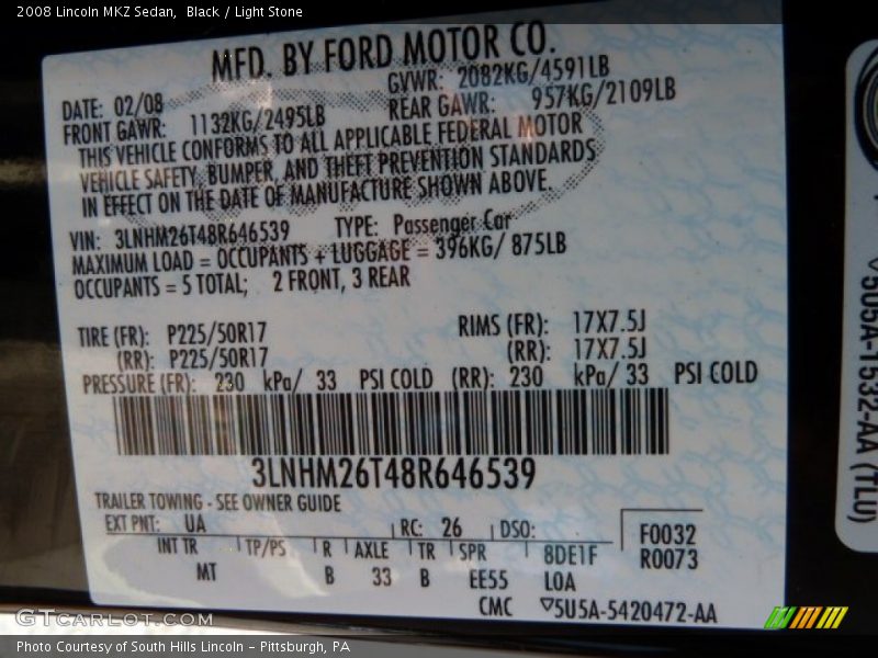 Black / Light Stone 2008 Lincoln MKZ Sedan