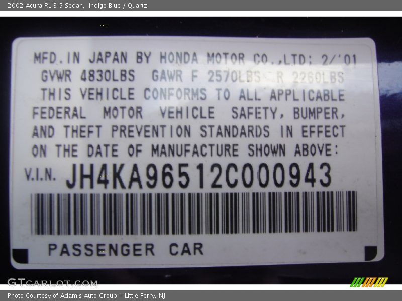 Info Tag of 2002 RL 3.5 Sedan