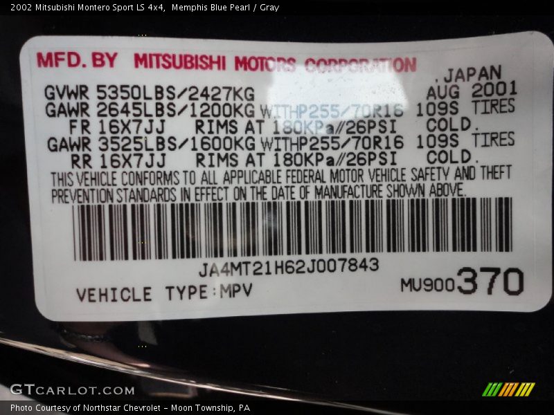 Memphis Blue Pearl / Gray 2002 Mitsubishi Montero Sport LS 4x4