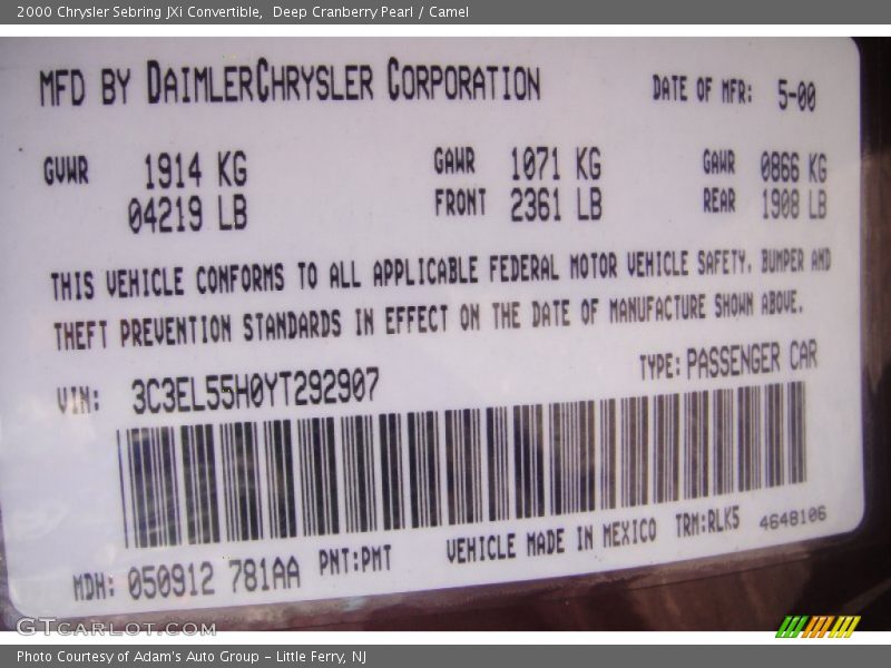 Deep Cranberry Pearl / Camel 2000 Chrysler Sebring JXi Convertible