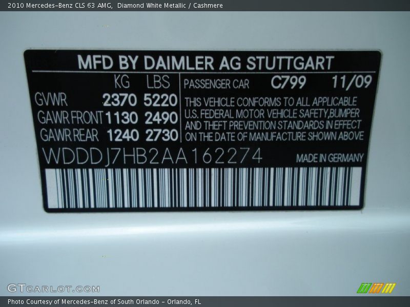 2010 CLS 63 AMG Diamond White Metallic Color Code 799