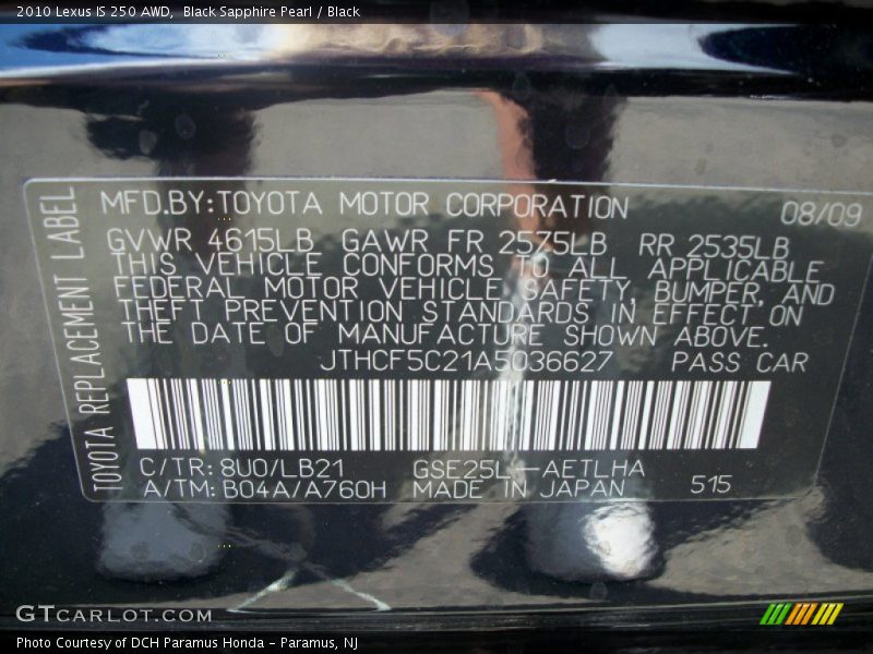 2010 IS 250 AWD Black Sapphire Pearl Color Code 8U0
