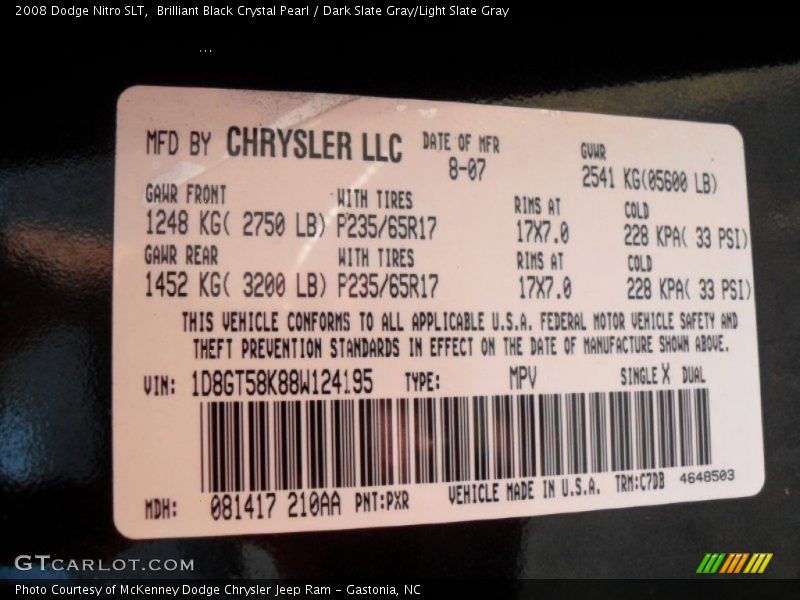 Brilliant Black Crystal Pearl / Dark Slate Gray/Light Slate Gray 2008 Dodge Nitro SLT