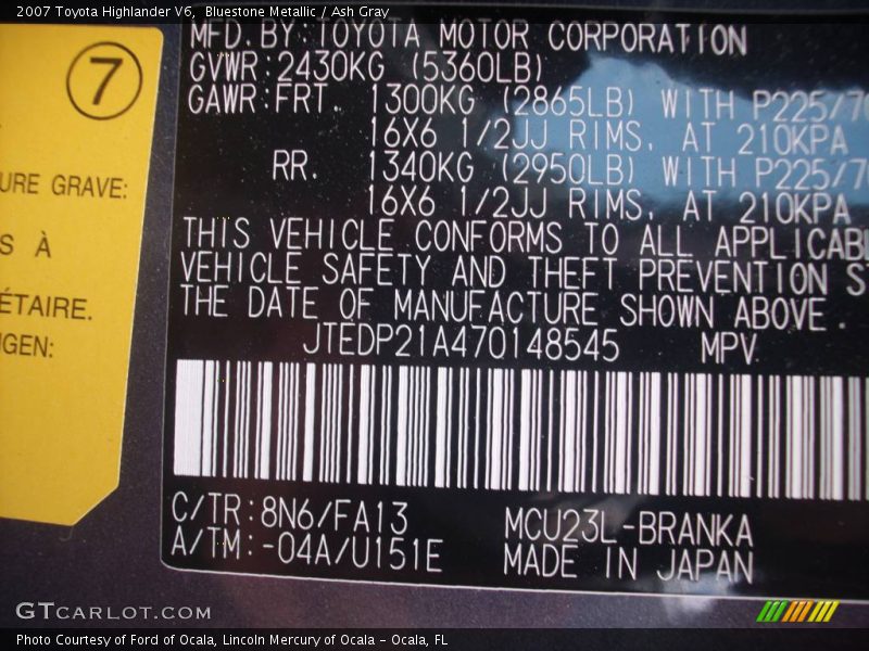 Bluestone Metallic / Ash Gray 2007 Toyota Highlander V6