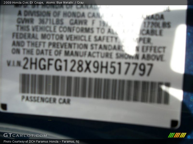 Atomic Blue Metallic / Gray 2009 Honda Civic EX Coupe