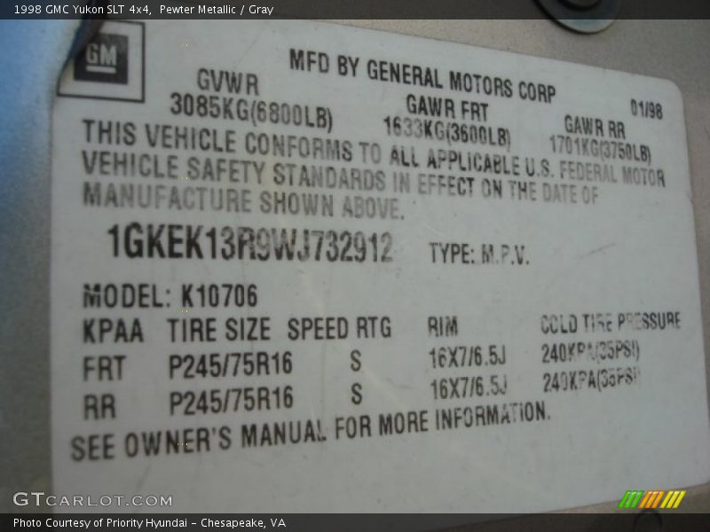 Pewter Metallic / Gray 1998 GMC Yukon SLT 4x4