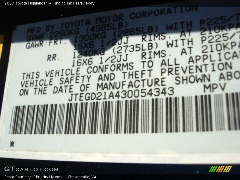 Indigo Ink Pearl / Ivory 2003 Toyota Highlander I4