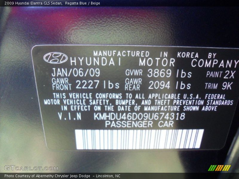 Regatta Blue / Beige 2009 Hyundai Elantra GLS Sedan