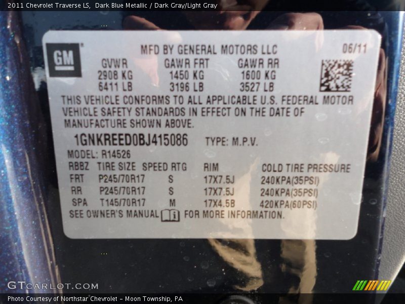 Dark Blue Metallic / Dark Gray/Light Gray 2011 Chevrolet Traverse LS