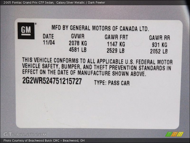 Galaxy Silver Metallic / Dark Pewter 2005 Pontiac Grand Prix GTP Sedan