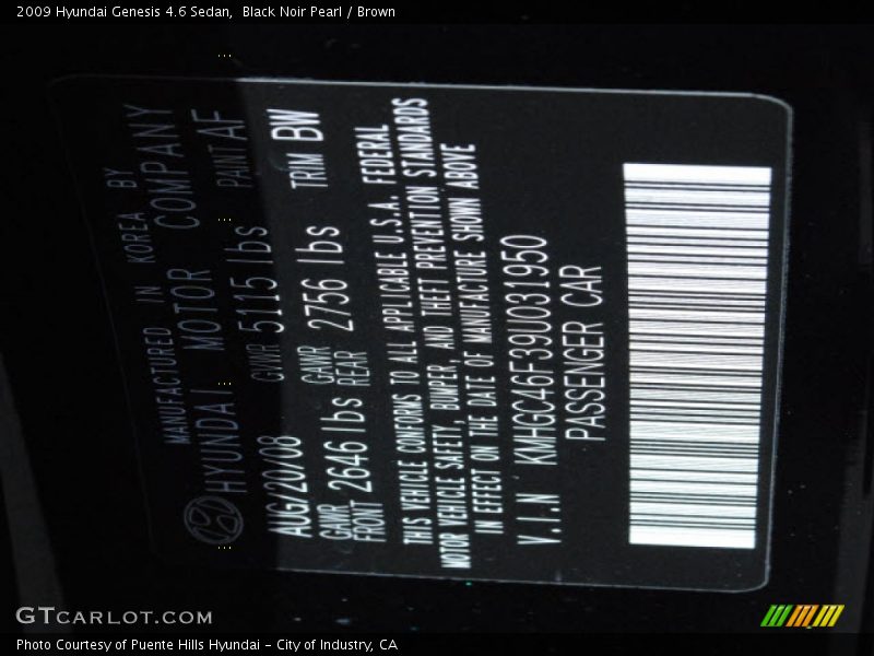 Black Noir Pearl / Brown 2009 Hyundai Genesis 4.6 Sedan